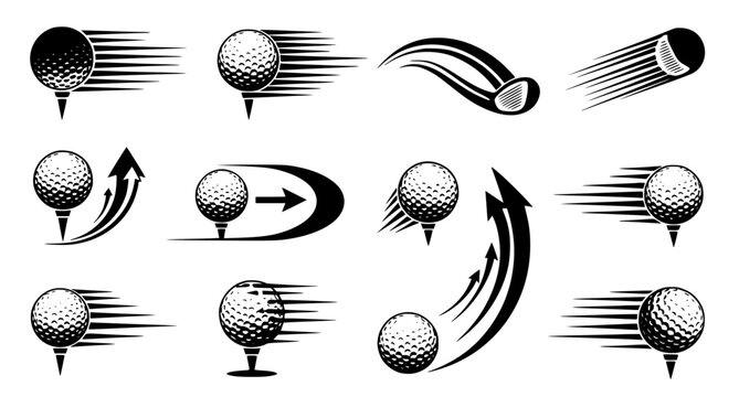 Golf Ball Motion Vector Icon Set Showing Dynamic Trajectories and Speed Lines for Sports, Golf Apps, Instructional Graphics, and Stock Designs