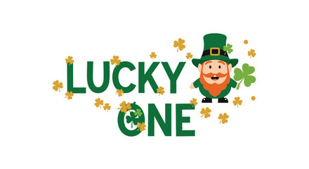 Fototapeta premium Festive St Patricks day graphic featuring the text lucky one and a cheerful leprechaun character surrounded by green and gold shamrocks.
