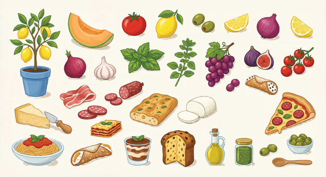 Mediterranean food and Italian cuisine vector set, hand drawn illustrations of pizza pasta and fresh ingredients, culinary icons for restaurant menus