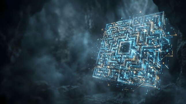 Digital glowing cube floating in dark smoke as a concept of blockchain