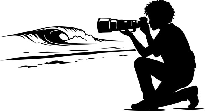 Silhouette of a photographer with a telephoto lens capturing a large breaking ocean wave at the beach