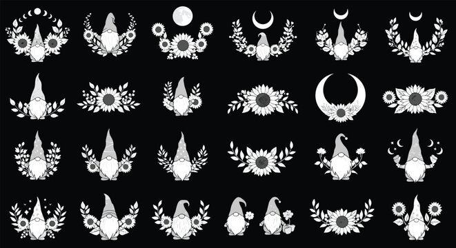 Collection of white floral wreaths and mystical gnome silhouettes arranged symmetrically on a solid black background for high contrast design.