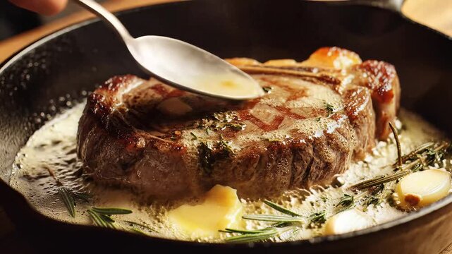 Basting Juicy Beef Steak with Butter and Herbs in Skillet