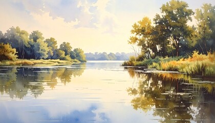 Obraz premium Calm Nature Scene with Still Water and Soft Golden Light Clean Serene Landscape Background