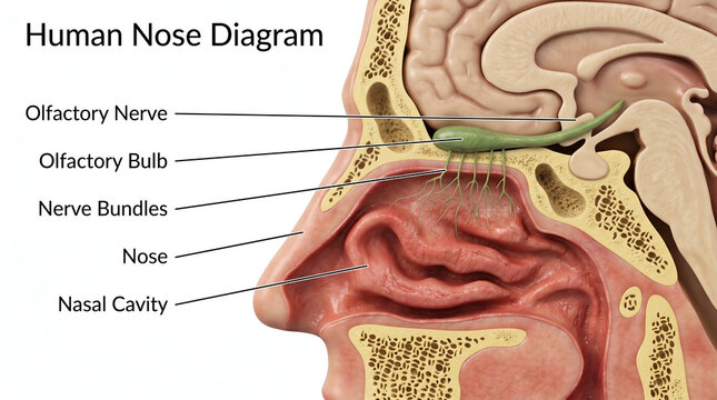 Detailed human nose anatomy diagram illustrating olfactory nerve, bulb, nerve bundles, and nasal cavity