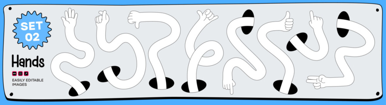 Cartoon stretching hands set with Flexible Long Arms and different gestures emerging from holes for creative design and Illustration - Set 02