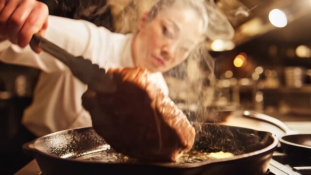 Professional Chef Searing a Large Beef Steak in a Hot Pan