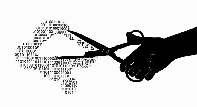 Hand cutting a cloud of digital data with scissors, symbolizing data deletion or privacy.