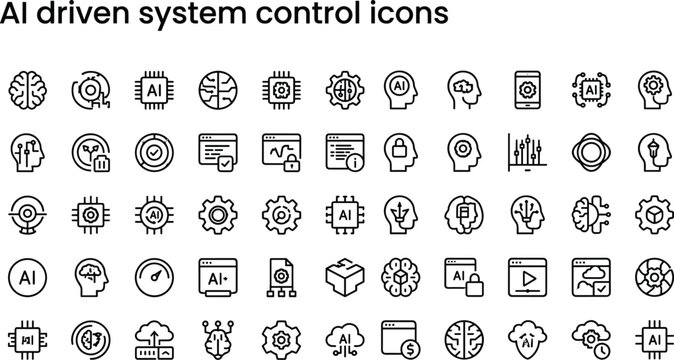 AI driven system control icons set with machine learning monitoring, automation processes, and intelligent technology interface design elements
