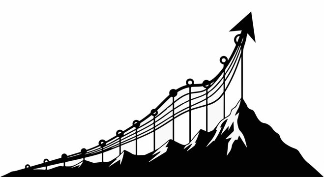 Visualizing upward growth and success, a graph climbing over a mountain peak.