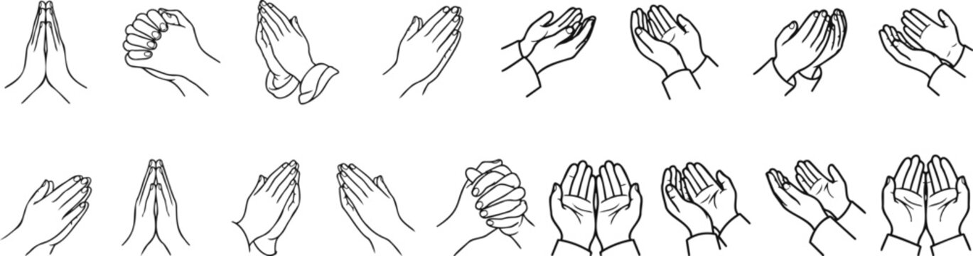 Praying Hands Vector Collection Set in Various Line Art Gestures