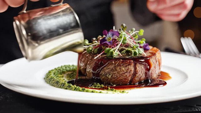 Chef Pouring Sauce on Grilled Beef Steak in Restaurant