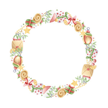 Christmas holiday symbols hand drawn round wreath frame isolated on white. Watercolor gift boxes, mistletoe, lanterns, desserts and hats in pastel green red colors sticker template with copy space