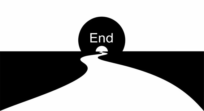 A winding white path leads towards a dark circular opening with the word 'End' illuminated inside.