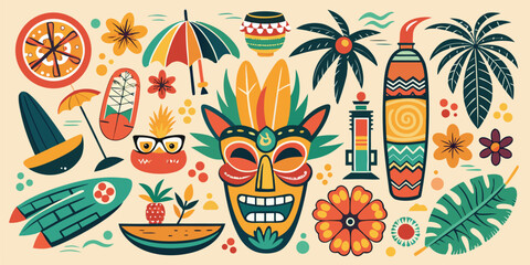 Tropical tiki masks and beach accessories with palm tree party supplies design element holiday decoration © Harumi