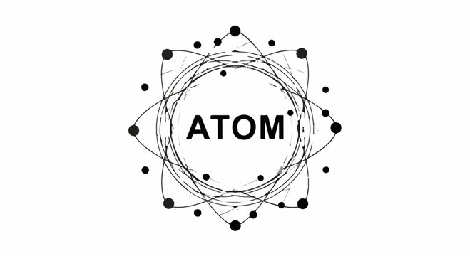 Abstract representation of an atom with orbiting electrons and the word ATOM inside