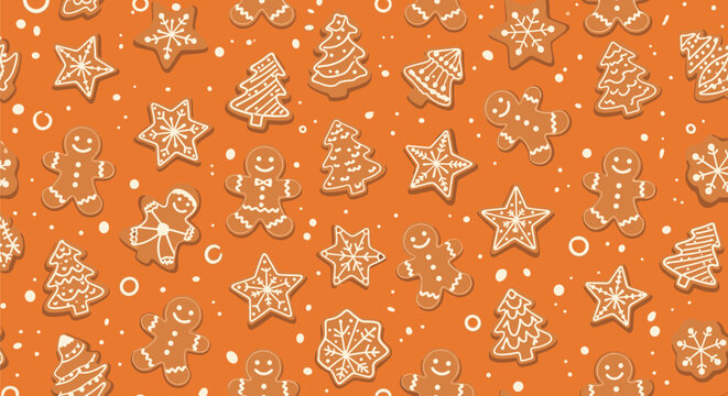 Seamless repeating pattern of various gingerbread cookies like men, trees, stars, and snowflakes with white icing on an orange background.