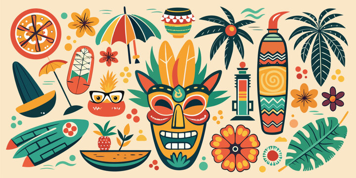 Tropical tiki masks and beach accessories with palm tree party supplies design element holiday decoration