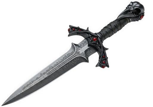 A detailed dark fantasy dagger with an ornate metal handle and sharp blade for gaming and roleplaying game designs