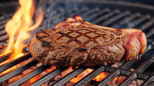 Juicy Ribeye Beef Steak Grilling on Open Fire with Smoke