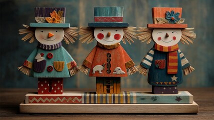 Naklejka premium Three colorful wooden snowmen figurines standing on a decorative base