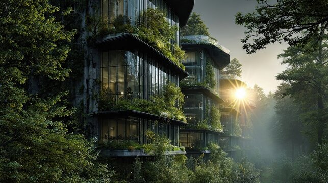 Sustainable Glass Building in Green Forest with Sunlight. Generative AI