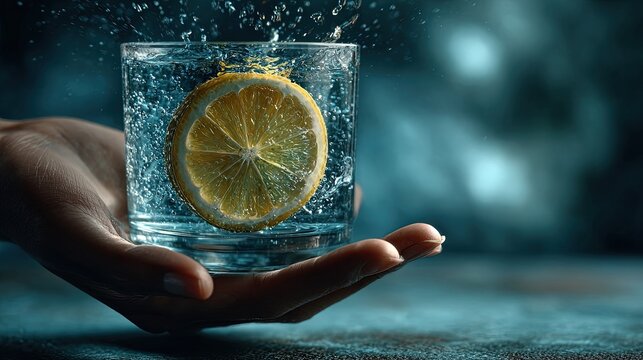 Fresh Lemon Water Splashing in Glass Held by Hand. Generative AI