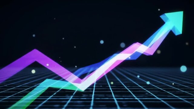 Glowing financial growth arrow rising on digital grid.