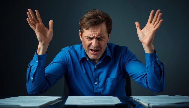 Frustrated Man With Hands Up In Exasperation At Desk