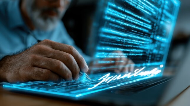 Man uses stylus to write on a virtual keyboard while working on a laptop in a modern workspace during daytime