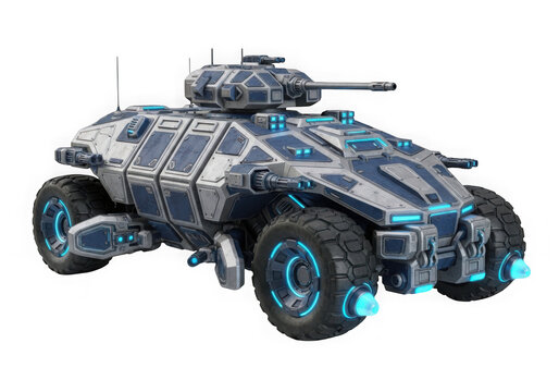 Pixel art military tank vehicle with blue glowing neon lights and camouflage pattern for retro video game design