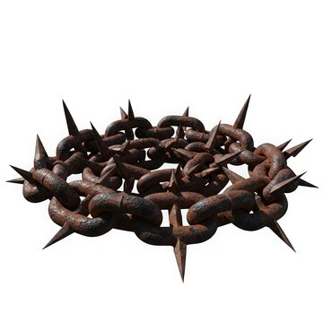 A circular crown of sharp rusty metal thorns and heavy iron chains representing pain and religious sacrifice concept