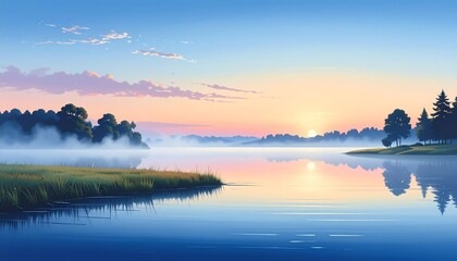 Naklejka premium Early Sunrise Over Still Lake with Subtle Mist Clean Minimal Nature Landscape Background