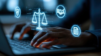 Obraz premium Person uses laptop to access legal information and services with digital icons of scales, handshake, and document around them