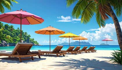Fototapeta premium Tropical beach umbrellas and loungers