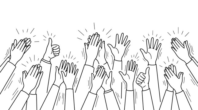 Hands clapping with thumbs up in a celebratory gesture with burst effects featuring celebration, applause, cheering with crowd and joy elements for