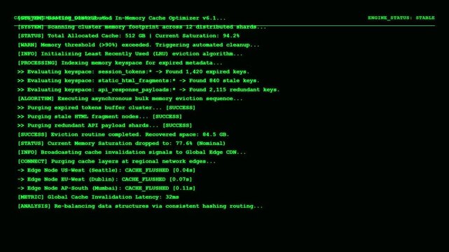 Cache Engine Linux Terminal Screen Showing Global Edge Cache Flushed Metrics and Shard Node Optimization Status.