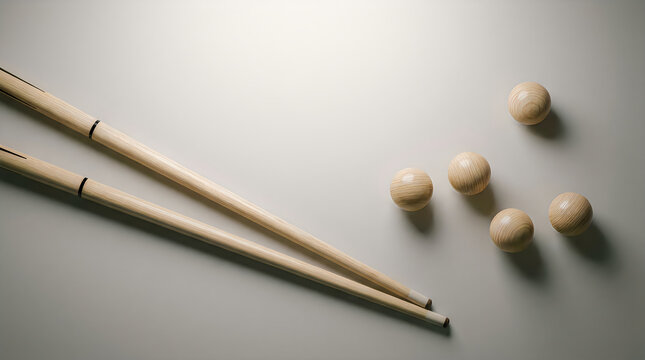 Minimalist wooden pool cue sticks and smooth spherical balls arranged on clean surface for billiards competition recreation concept featuring natural wood grain textures and soft shadows.