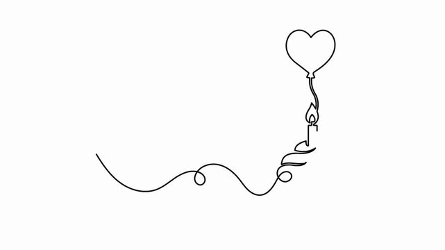 Cupcake with a heart balloon and candle continuous line drawing animation for birthday parties