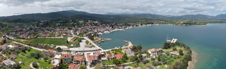 Wide aerial panorama of Achilleio village and port in Magnesia, Greece © Lefteris Papaulakis