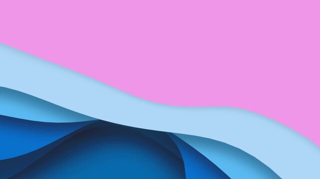 Slow motion 3d render of abstract blue papercut style pastel pink background. Seamless looping animation of multi layered shapes with copy space.