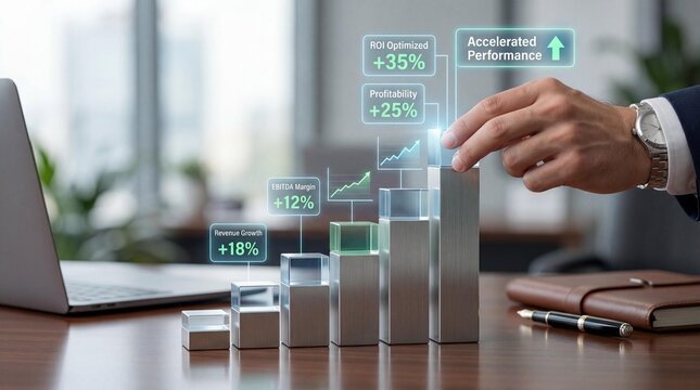 Businessman analyzing financial growth chart with increasing revenue and profit statistics on office desk