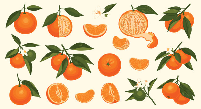 Collection of fresh orange mandarins with green leaves and blossoms shown whole and sliced in various arrangements on plain background.