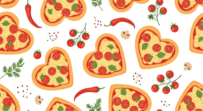 Delicious seamless food pattern featuring heart-shaped pizzas with tomatoes, basil, and peppers on a white background.