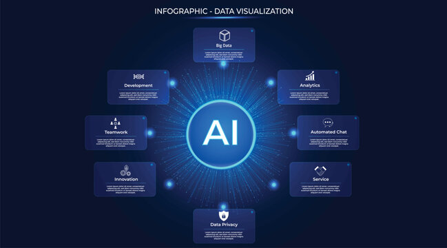 Futuristic infographic. A global data schema with an explosive blue effect, representing the expansion and flow of information. Eight interactive windows. Glassmorphism effect. IT, Big Data concepts.