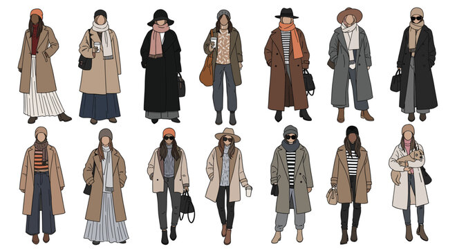 Fashion illustration set showcases various women dressed in stylish winter coats, scarves, and hats for a seasonal look.