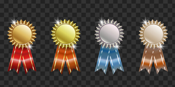 Set of four shiny badges, award ribbons with metallic rosettes, and colorful streamers