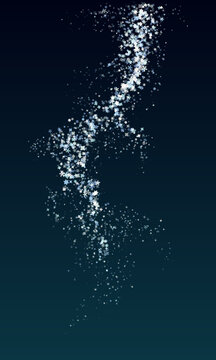 Vector abstract flowing fluid trail formed by glowing star and diamond particles on dark blue background for technology digital artificial intelligence and creative science concept