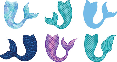 Colorful Mermaid Tail Vector Collection with Fantasy Ocean Themes and Decorative Marine Illustrations © MdSumon