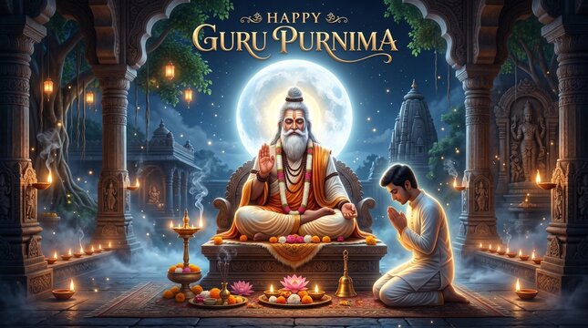Sacred Guru Purnima spiritual celebration artwork with ancient temple meditation scene and divine blessing festival concept